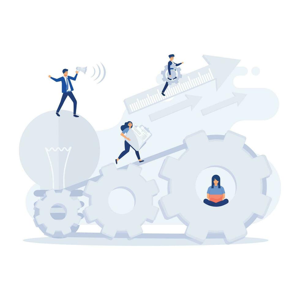 Team of businesspeople working with industrial gears or cogs in a concept of business or corporate cooperation, collaboration, teamwork, flat vector modern illustration