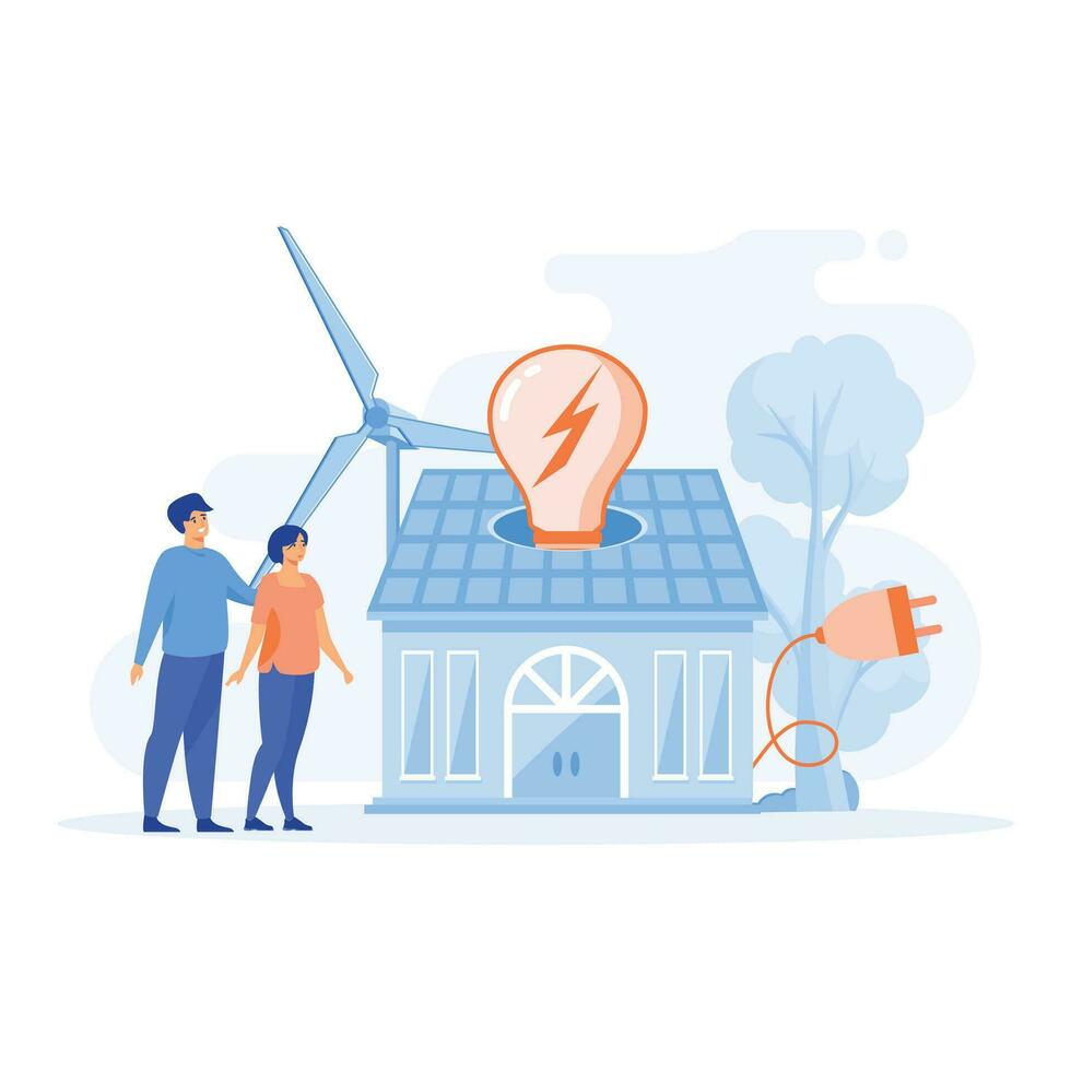 Green energy,  Renewable energy concept. modern eco private house with solar energy panels and smart home technology. flat vector modern illustration