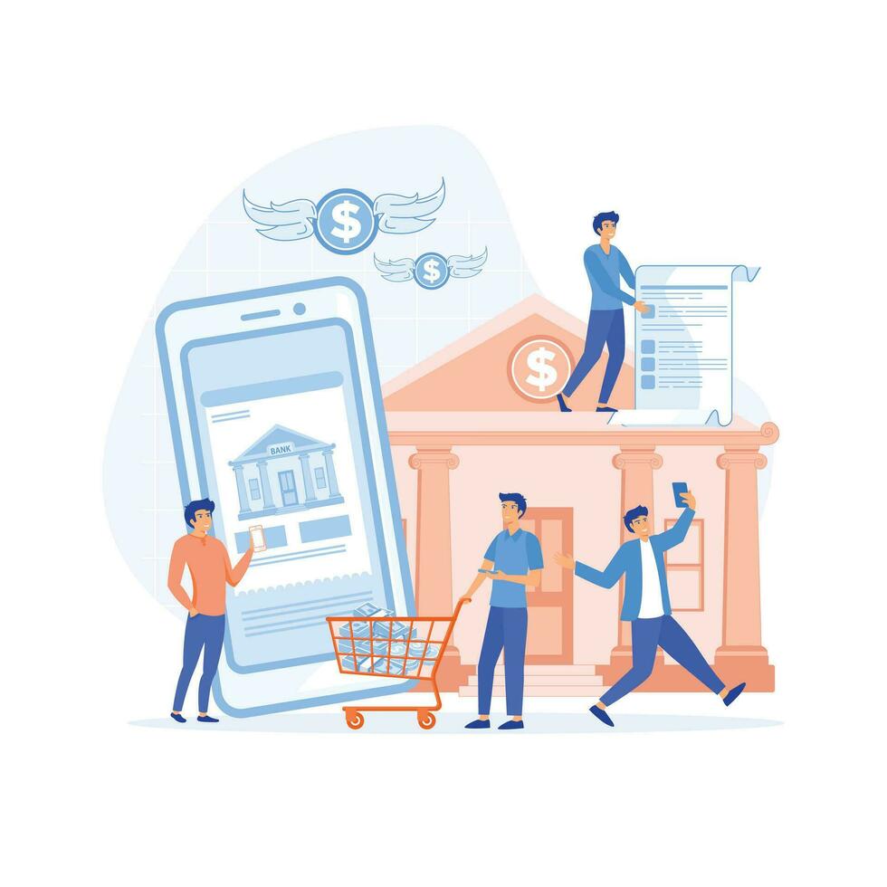 Digital bank service concept. Office people characters using smartphone for internet mobile payments, flat vector modern illustration