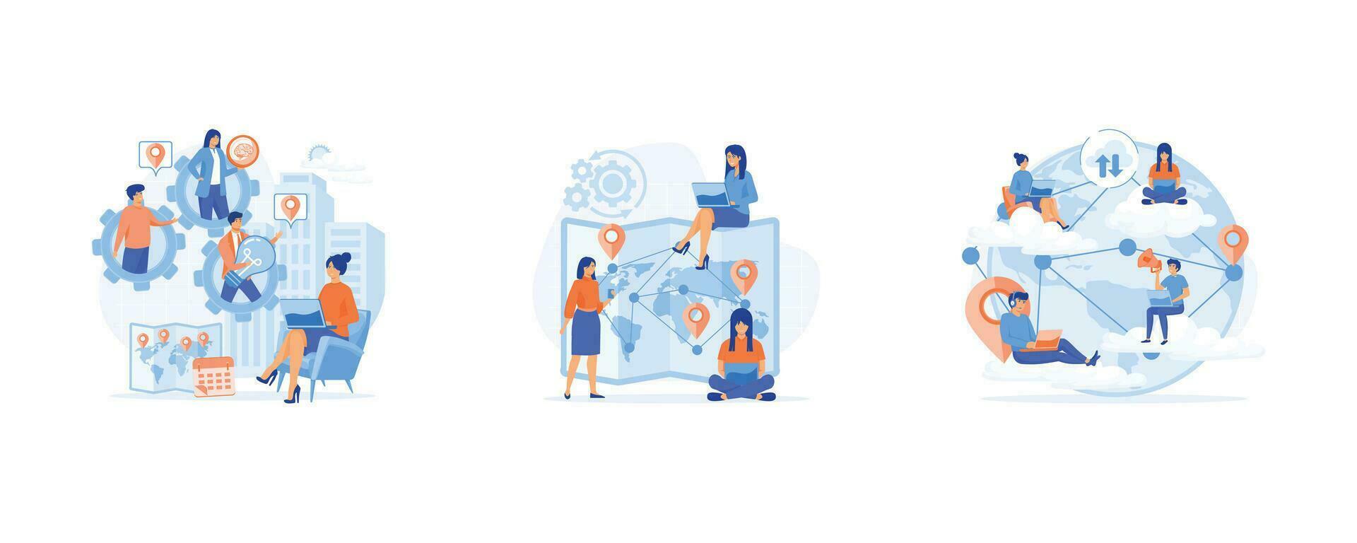 Outsourcing concept. Idea of teamwork and project delegation. Work outsourcing and telecommuting. offshore software development, set flat vector modern illustration