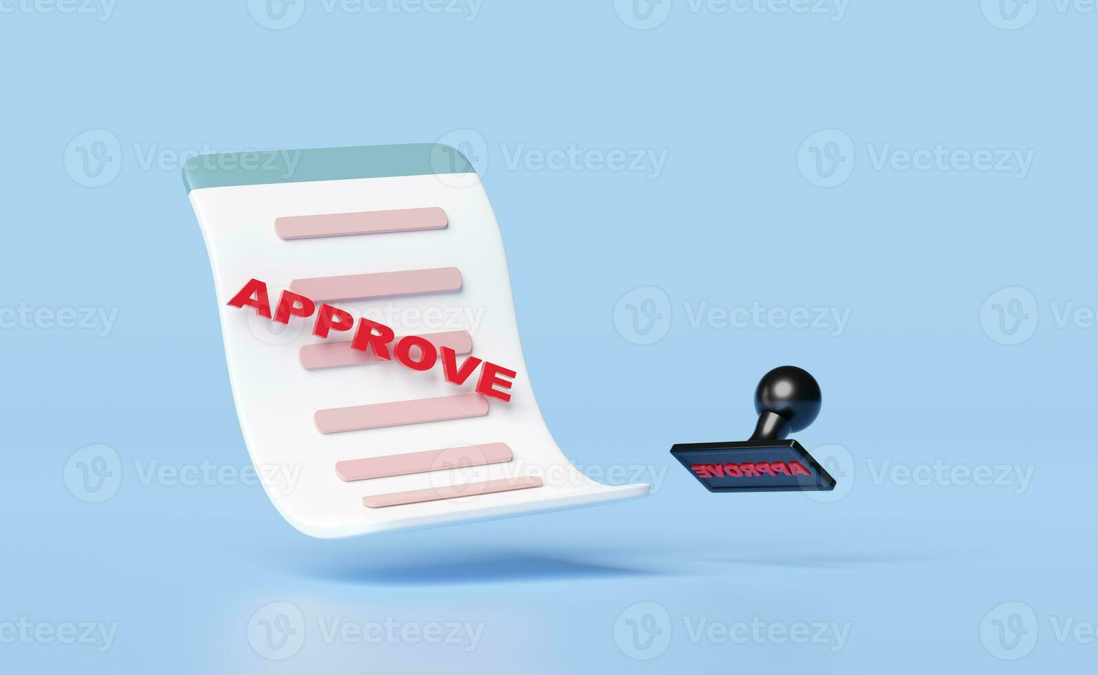 square rubber approved stamp with clipboard, checklist isolated on blue background. approved documents concept, 3d render illustration photo
