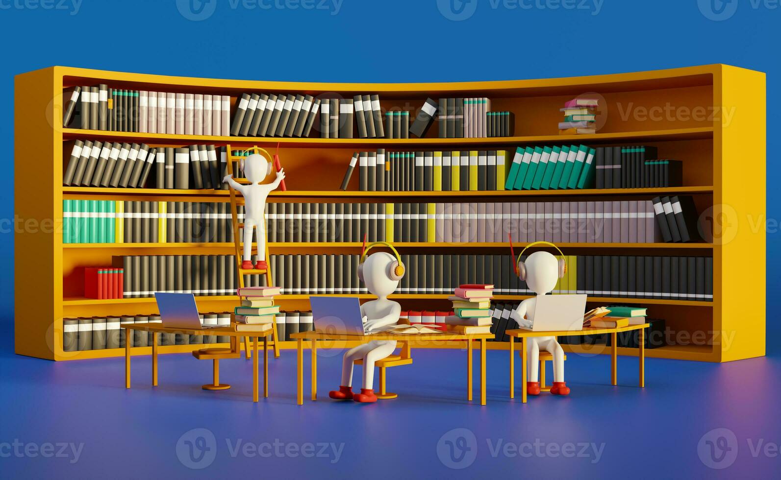 Stick man with book shelves in library ,education and learning concept ,3d illustration or 3d rendering photo