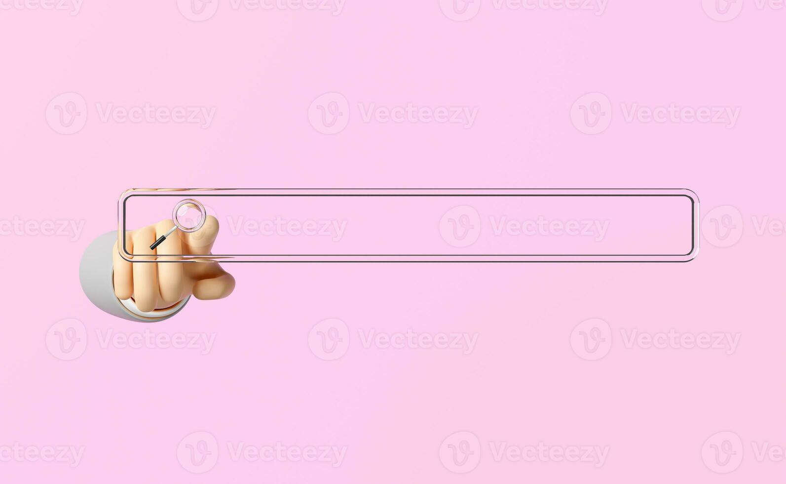 3d search bar with businessman hand pointing finger, magnifying glass isolated on pink background. web search engine, web browsing concept, 3d render illustration photo