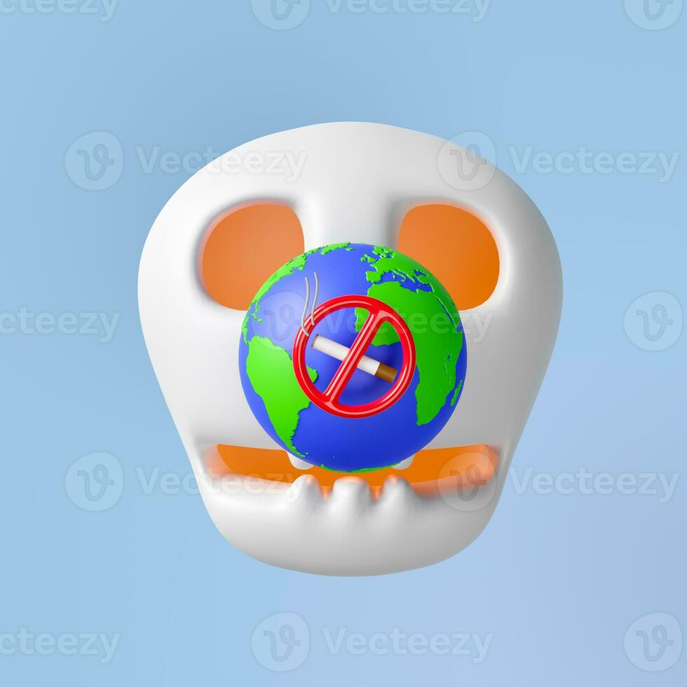 3d cigarette with earth, prohibition sign, smoking, skull isolated on blue background. world no smoking day, quitting smoking, healthy lifestyle concept, 3d render illustration photo