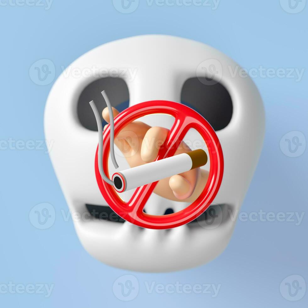 3d hand holding cigarette with prohibition sign, smoking, skull isolated on blue background. world no smoking day, quitting smoking, healthy lifestyle concept, 3d render illustration photo