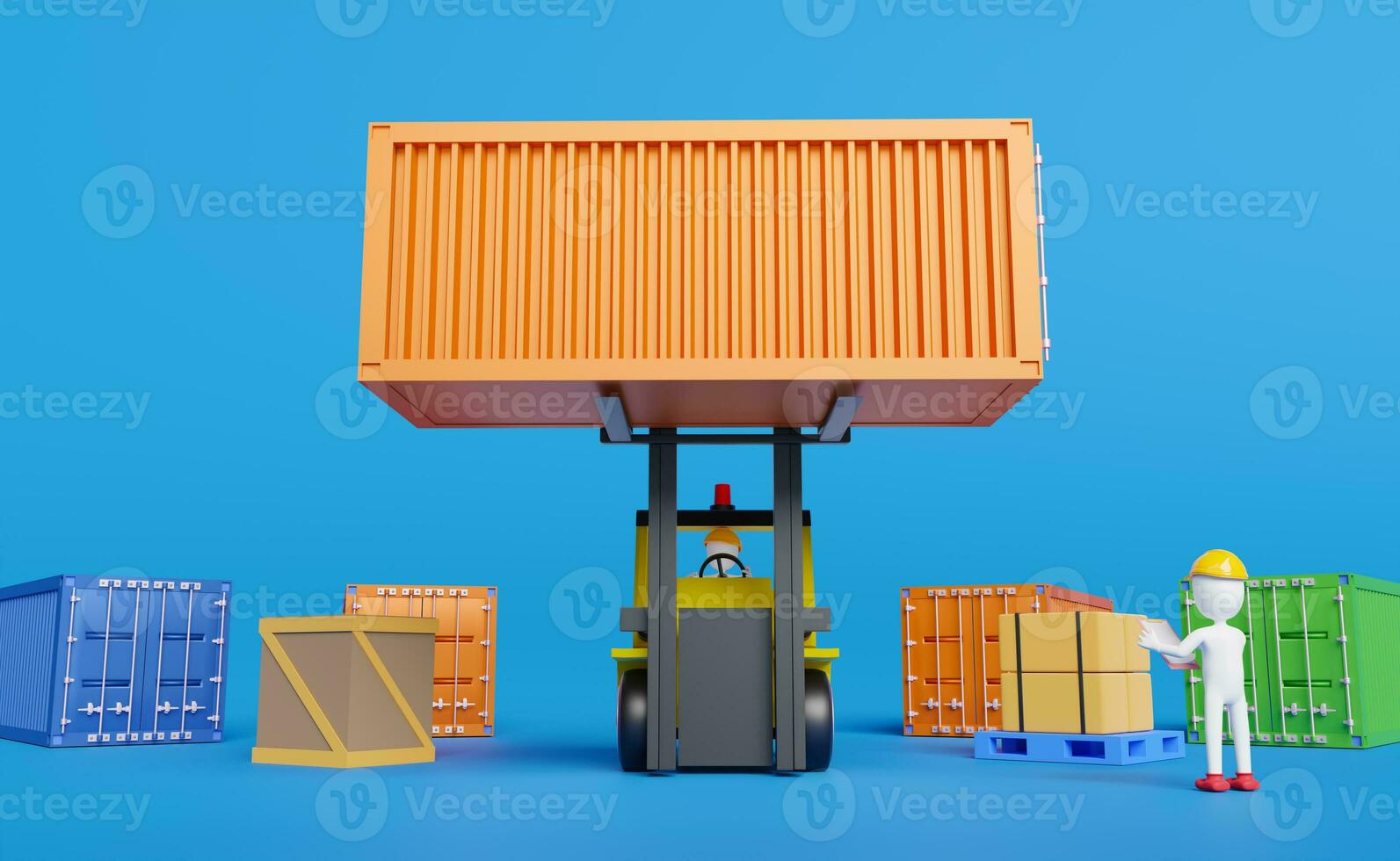 Stick man with shipping container for import export and forklift and goods and pallet ,logistic service concept ,3d illustration or 3d rendering photo