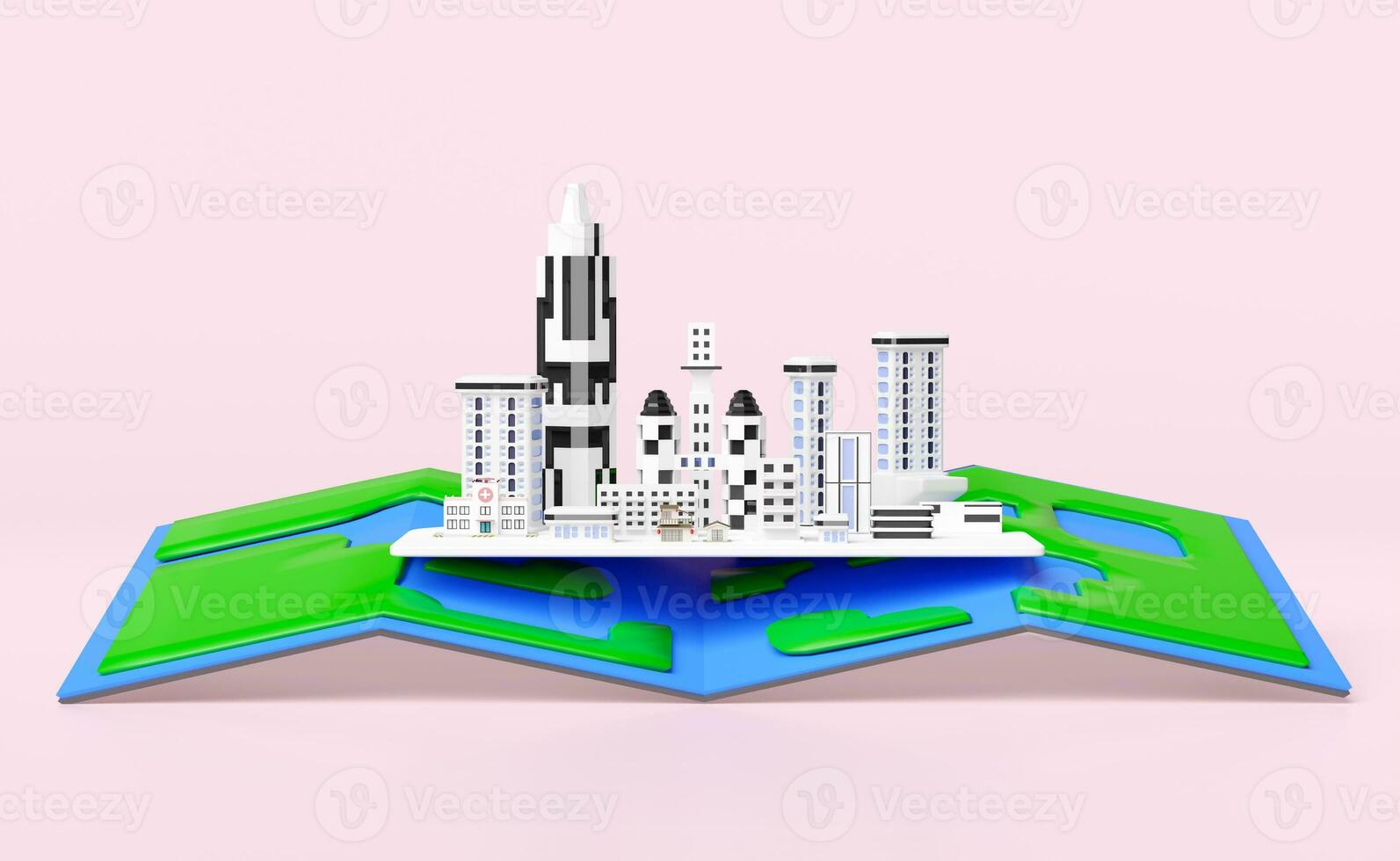 skyscraper building in big city with map isolated on pink background. 3d render illustration photo