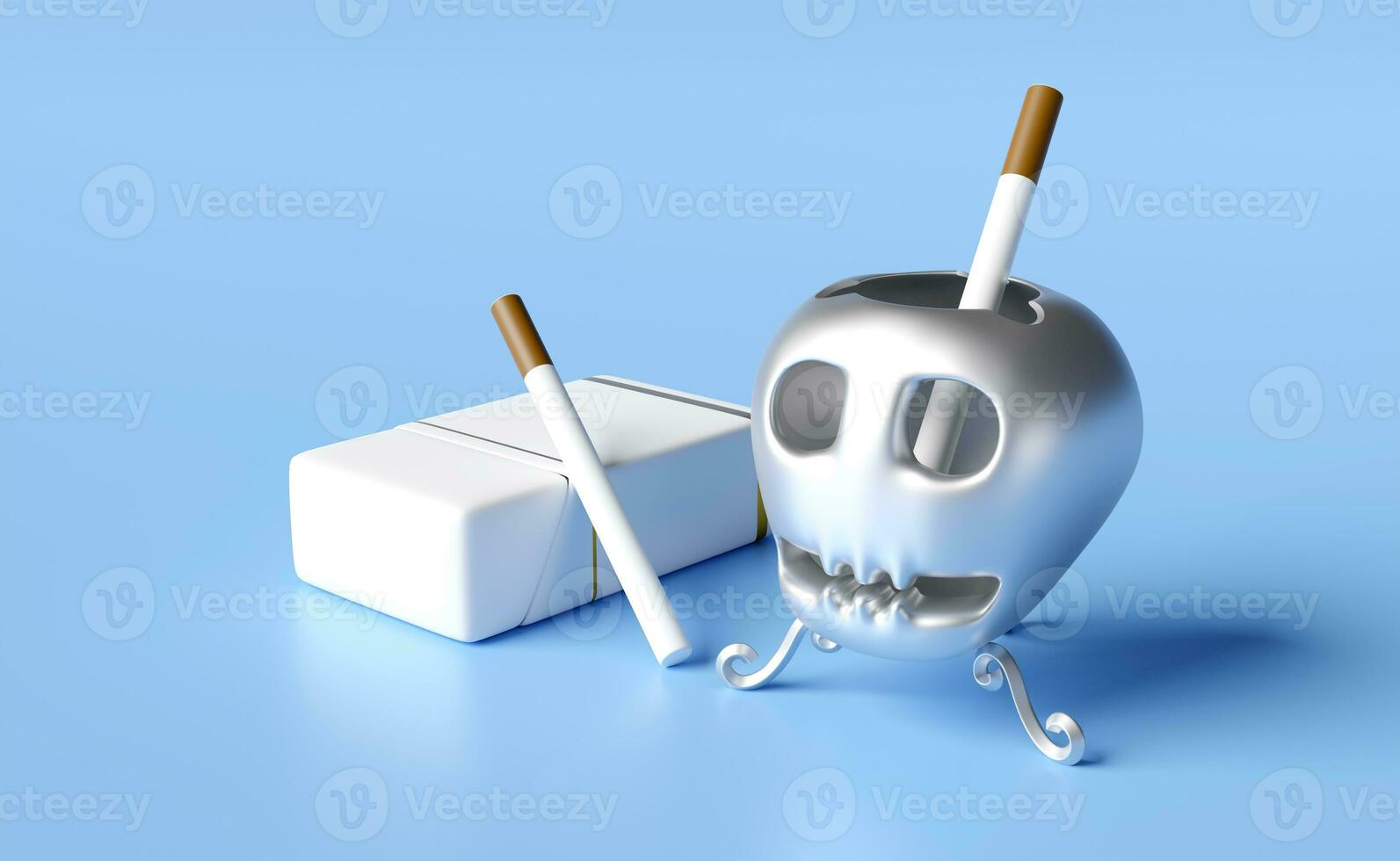 3d skull ashtray with cigarette pack isolated on blue background. 3d render illustration photo