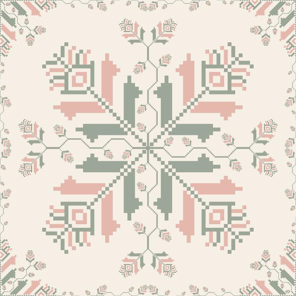 Colorful embroidery floral pattern. Geometric floral shape seamless pattern pixel art style. Ethnic floral stitch pattern use for fabric, textile, home decoration elements, upholstery, etc. vector