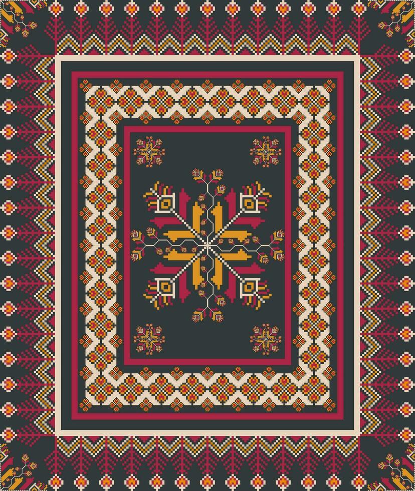 Embroidery stitch geometric pattern. Ethnic geometric shape seamless pattern colorful pixel art style. Ethnic stitch pattern use for carpet, rug, cushion, quilt, wallpaper, upholstery, etc. vector