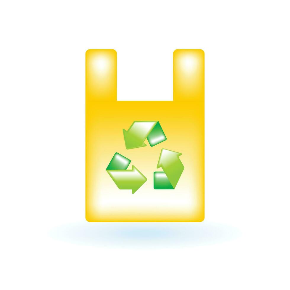 3D Plastic Bag with Recycle Sign Icon. Eco Sustainability Environmental Concept. Glossy Glass Plastic Color. Cute Realistic Cartoon Minimal Style. 3D Render Vector Icon UX UI Isolated Illustration.