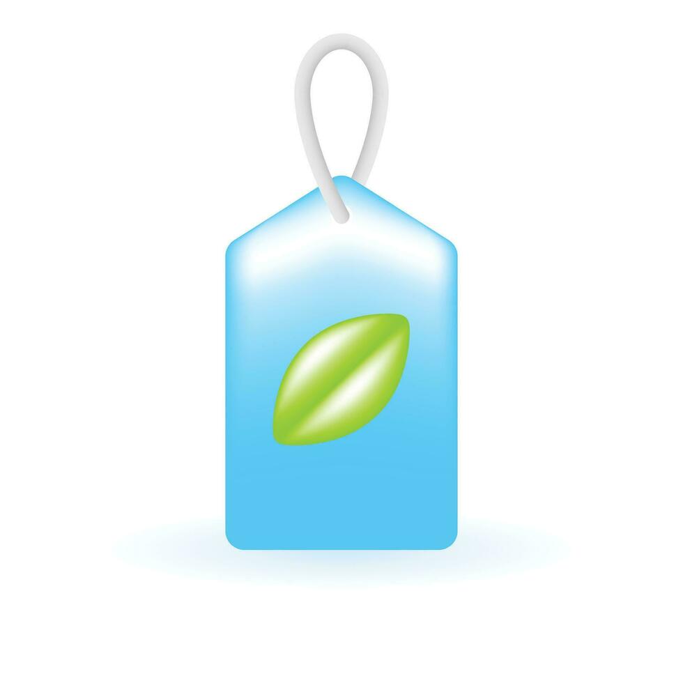 3D Eco Tag Bio Green Leaf Price Tag Icon. Eco Sustainability Environmental Concept. Glossy Glass Plastic Color. Cute Realistic Cartoon Minimal Style. 3D Render Vector Icon UX UI Isolated Illustration.