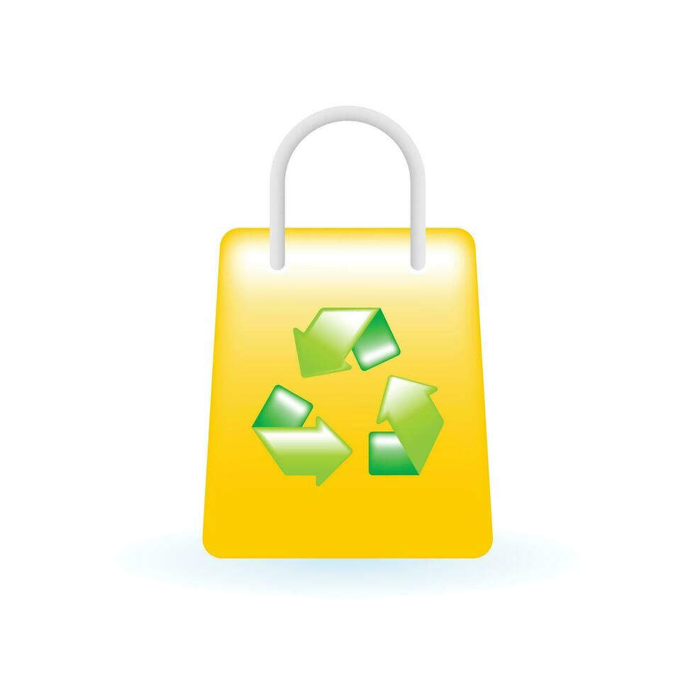 3D Recycle Bag Reusable Eco Bag Icon. Eco Sustainability Environmental Concept. Glossy Glass Plastic Color. Cute Realistic Cartoon Minimal Style. 3D Render Vector Icon UX UI Isolated Illustration.