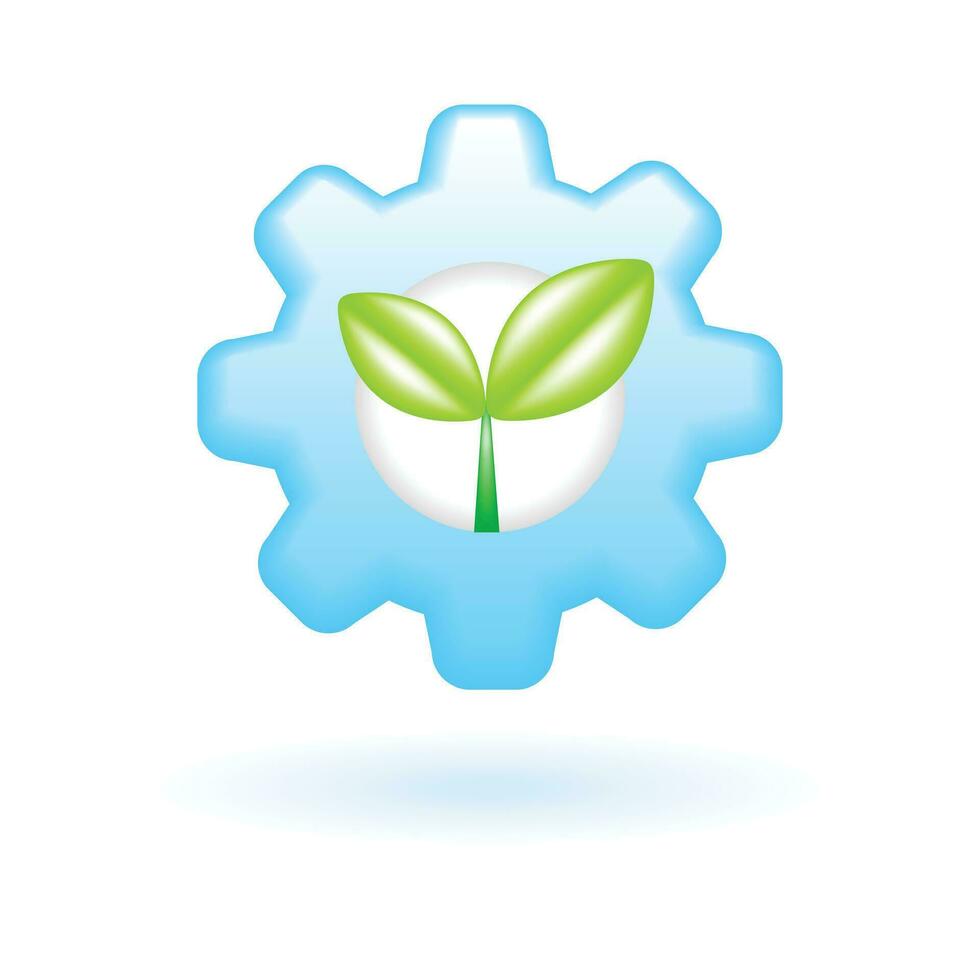 3D Green Leaf Gear with Plant Icon. Eco Sustainability Environmental Concept. Glossy Glass Plastic Color. Cute Realistic Cartoon Minimal Style. 3D Render Vector Icon UX UI Isolated Illustration.