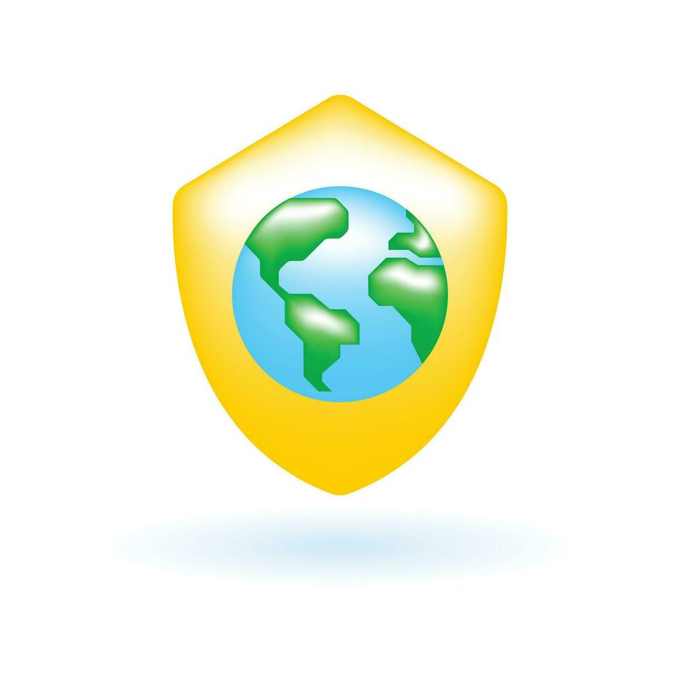 3D Earth Shield Protect World Globe Icon. Eco Sustainability Environmental Concept. Glossy Glass Plastic Color. Cute Realistic Cartoon Minimal Style. 3D Render Vector Icon UX UI Isolated Illustration.