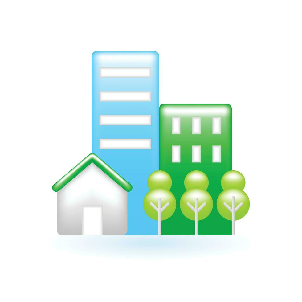 3D Green City Eco City Icon. Eco Sustainability Environmental Concept. Glossy Glass Plastic Color. Cute Realistic Cartoon Minimal Style. 3D Render Vector Icon UX UI Isolated Illustration.