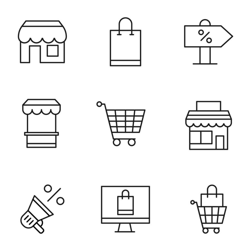Pack of isolated vector symbols drawn in line style. Editable stroke. Icons of shop, sale, shopping bag, online shopping