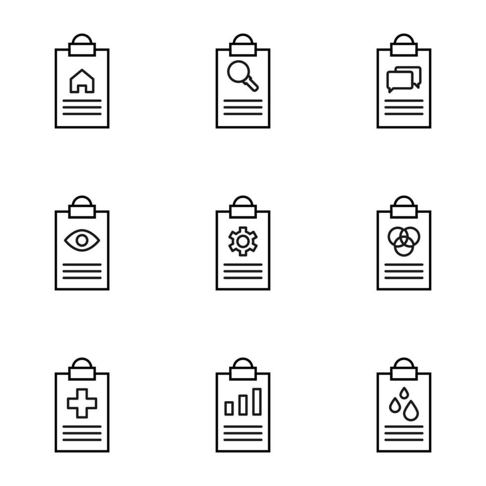 Pack of isolated vector symbols drawn in line style. Editable stroke. Icons of house, loupe, eye, gear, cross, water on clipboard