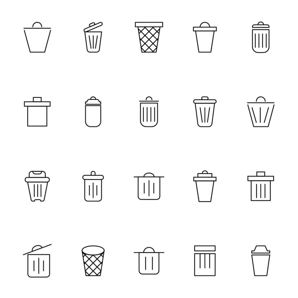 Trash Cans Vector Icon Set. Perfect for web sites, books, stores, shops. Editable stroke in minimalistic outline style