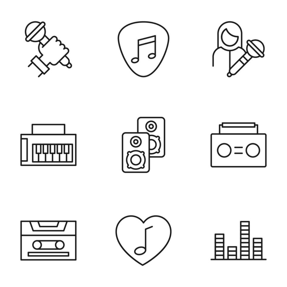 Pack of isolated vector symbols drawn in line style. Editable stroke. Icons of microphone, musical note, female singer, cassette, musical note in heart