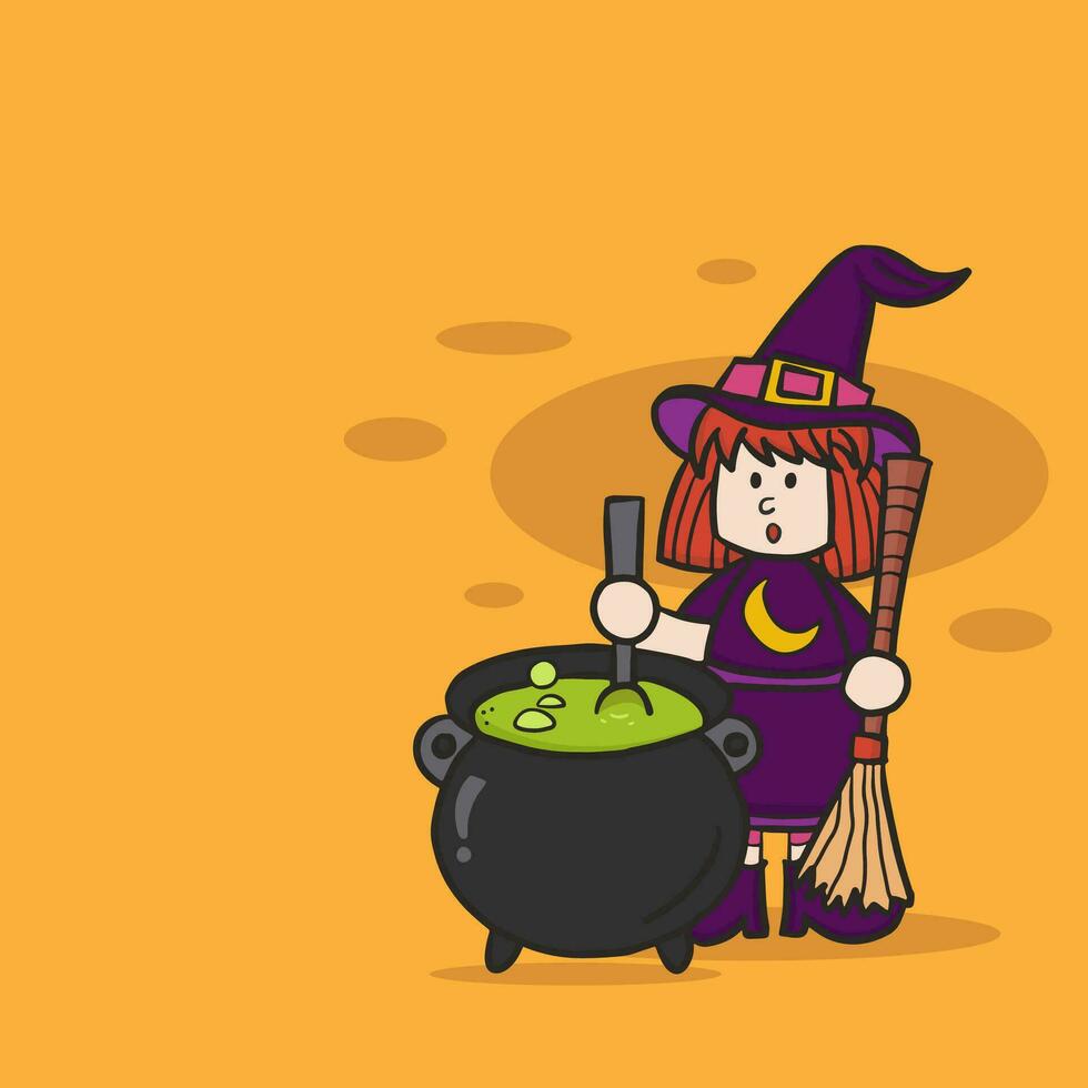 Halloween cute witch with cauldron green magical potion brew. vector