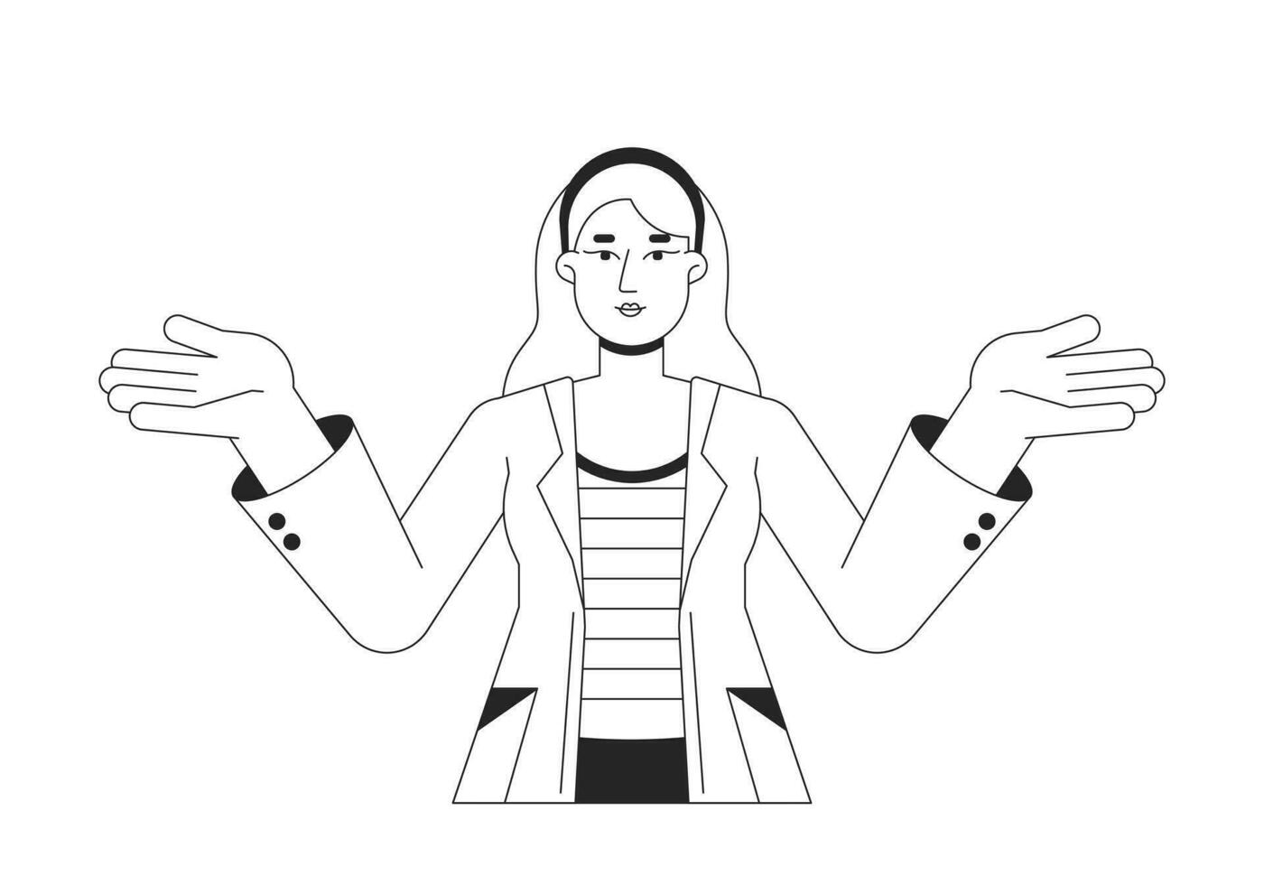 Happy woman in lab coat shrugging hands flat line black white vector character. Female scientist. Editable outline full body person. Simple cartoon isolated spot illustration for web graphic design