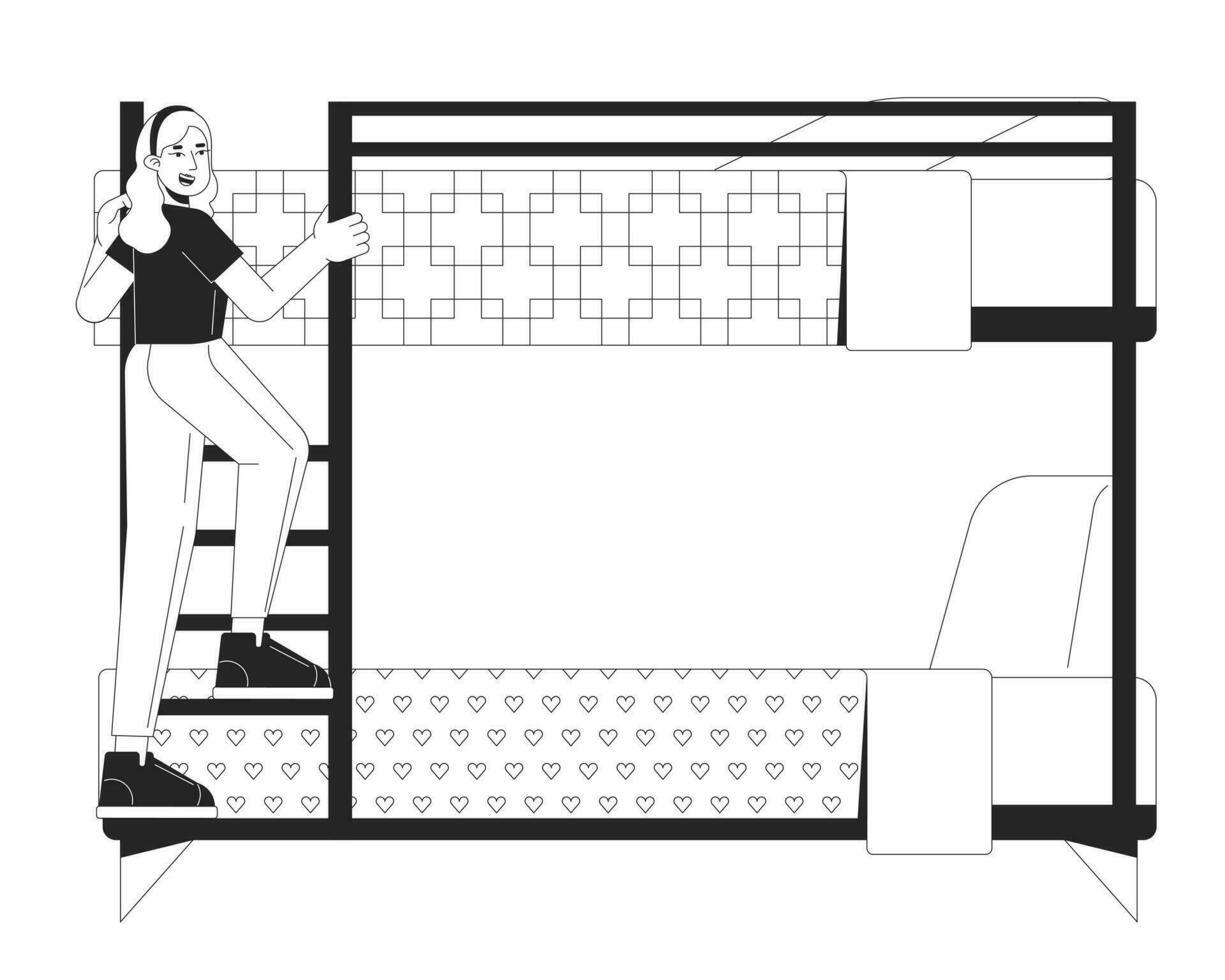 Female student climbing ladder on bunkbed flat line black white vector character. Editable outline full body person. Traveler girl in hostel simple cartoon isolated spot illustration for web design