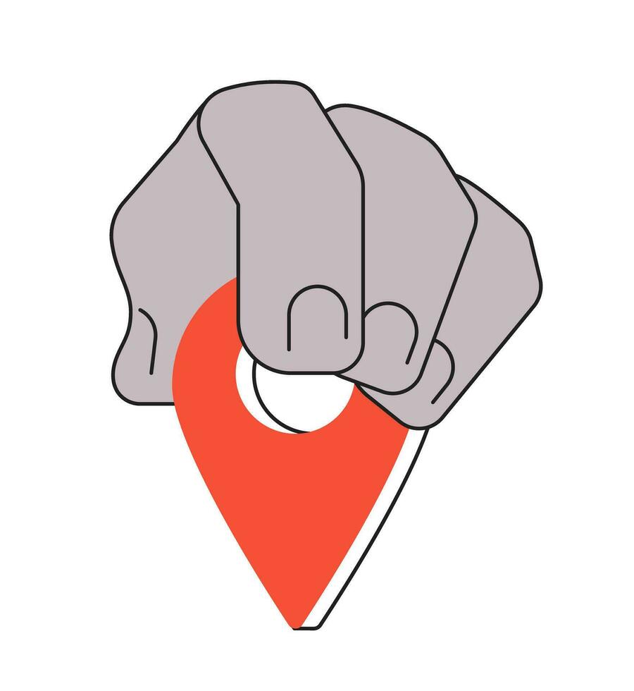 Fingers put gps pin monochrome flat vector object. Choose location. Editable black and white thin line icon. Simple cartoon clip art spot illustration for web graphic design