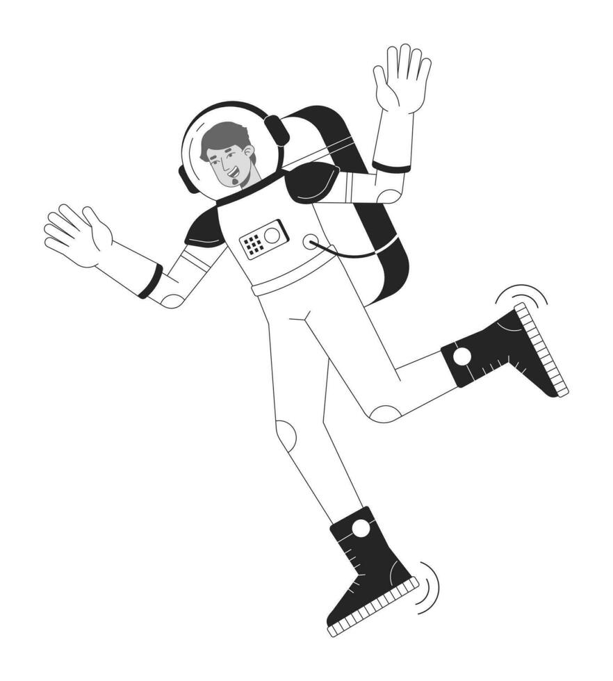 astrounaut en espacio traje plano línea negro blanco vector personaje. árabe hombre en cosmos. editable contorno lleno cuerpo persona. sencillo dibujos animados aislado Mancha ilustración para web gráfico diseño