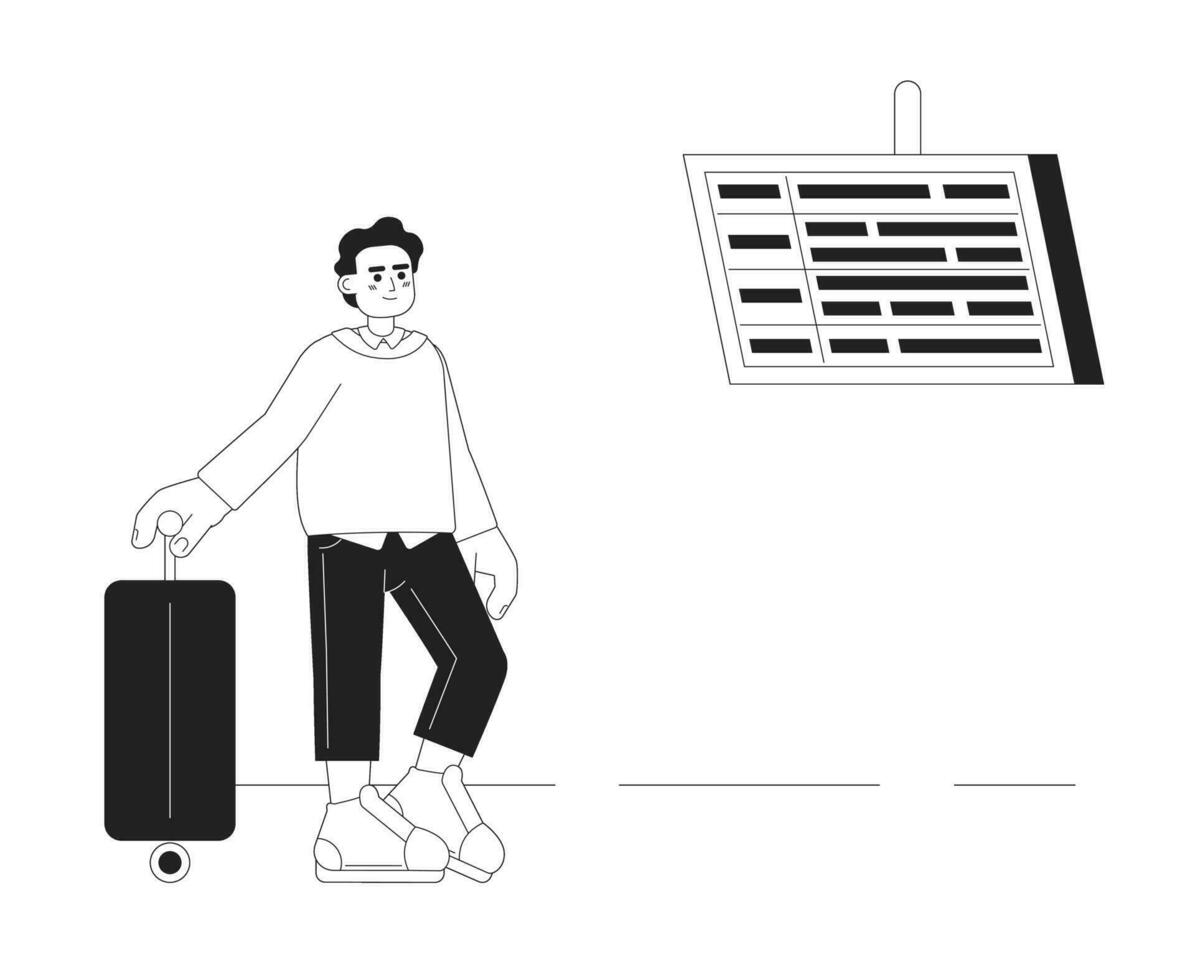 Hispanic traveler with suitcase monochromatic flat vector character. Editable full body person looking on display with timetable on white. Simple bw cartoon spot image for web graphic design