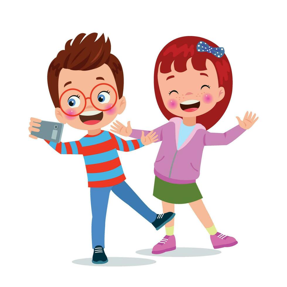 cute little boy and girl take selfie together vector