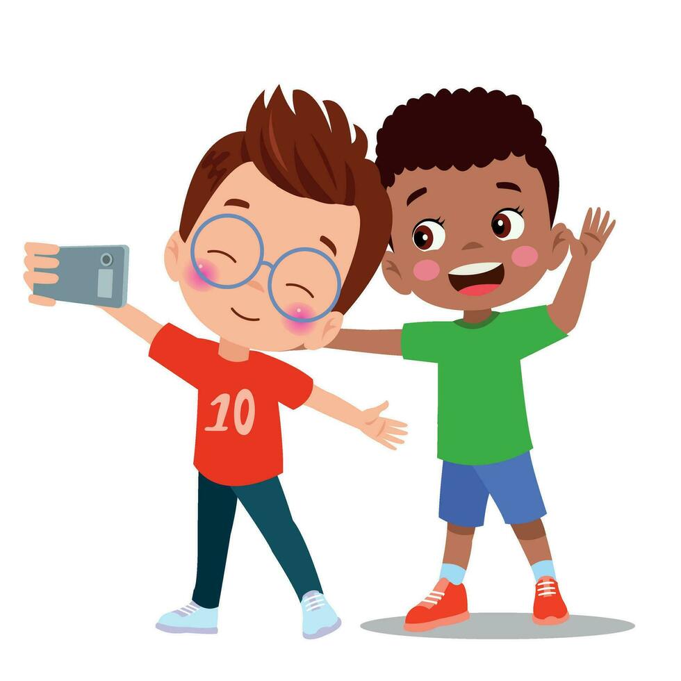 cute little boy and girl take selfie together vector