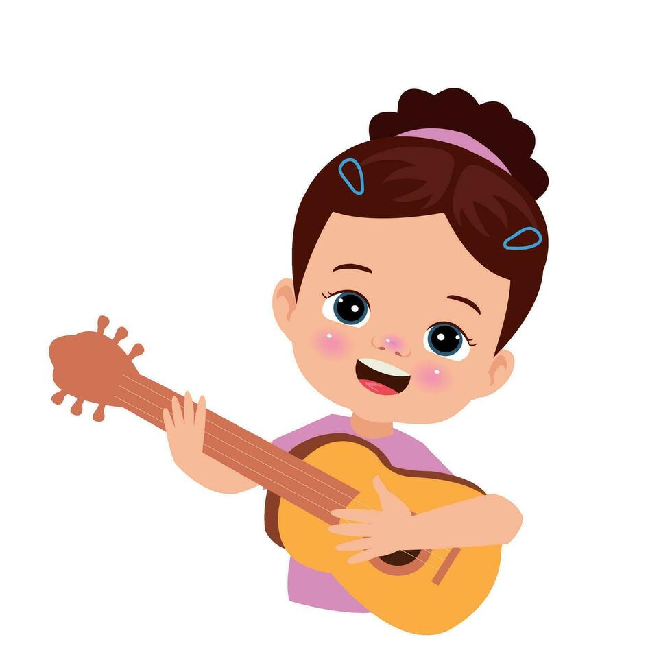 linda pequeño niños jugando guitarra vector