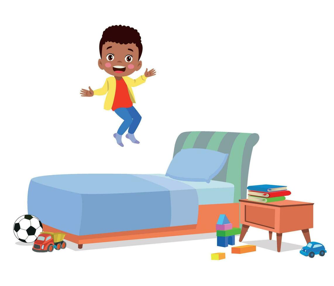 happy cute little kid boy jump on bed vector
