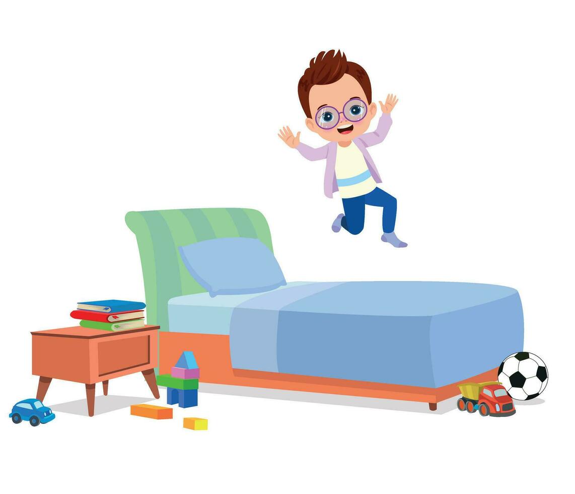 happy cute little kid boy jump on bed vector