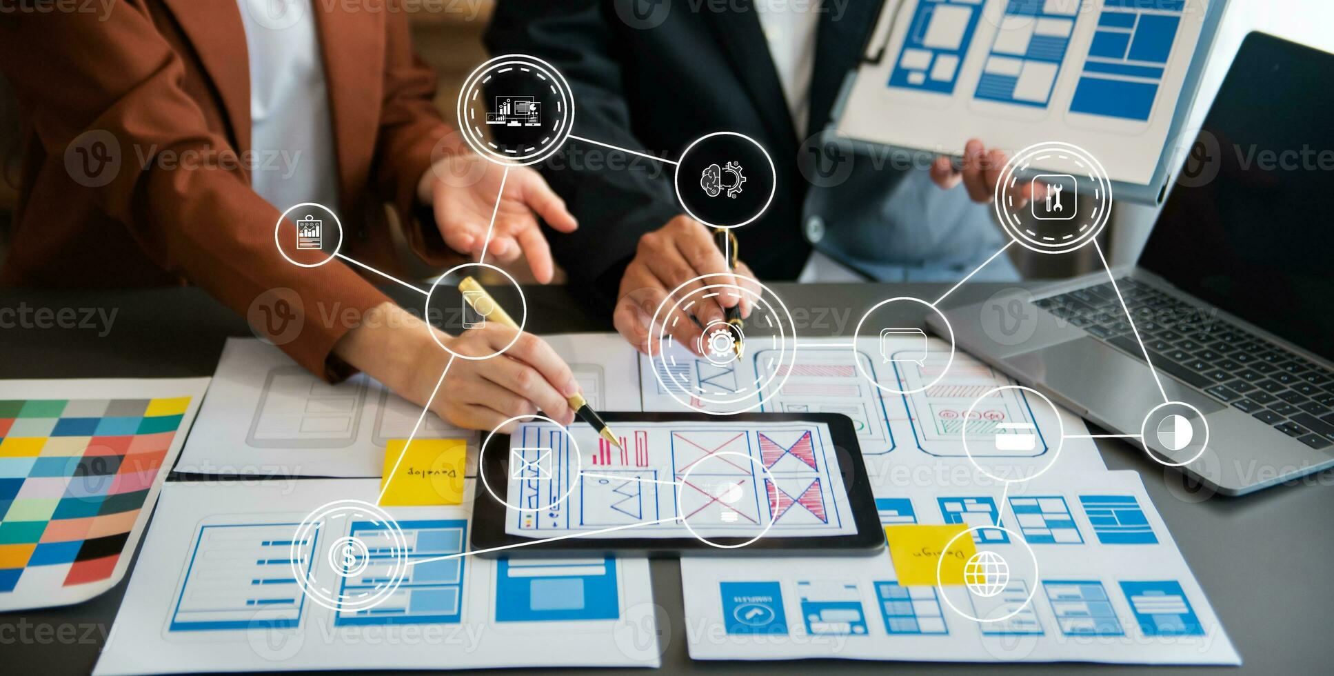 UX graphic designer planning application process development prototype wireframe for web smart phone. Creative digital development agency. photo