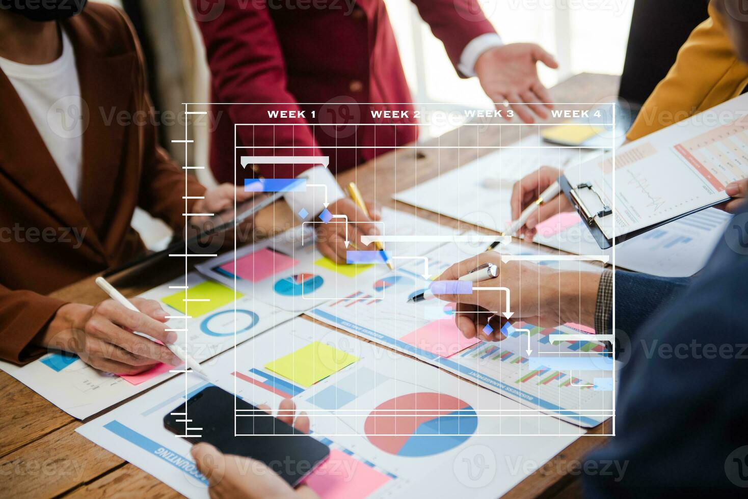 Project manager working and update tasks with milestones progress planning and Gantt chart scheduling diagram.business tram working at office photo