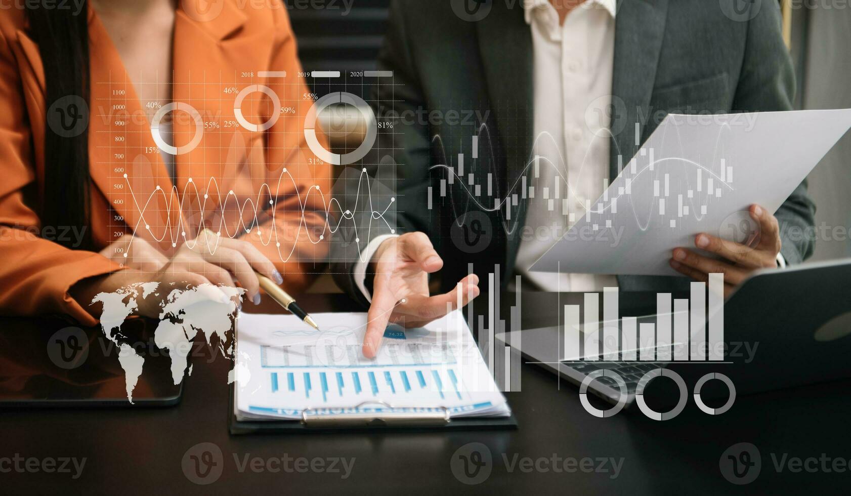 Data Management System with Business Analytics concept. business team hands working with provide information for Key Performance Indicators and marketing analysis onn virtual computer photo