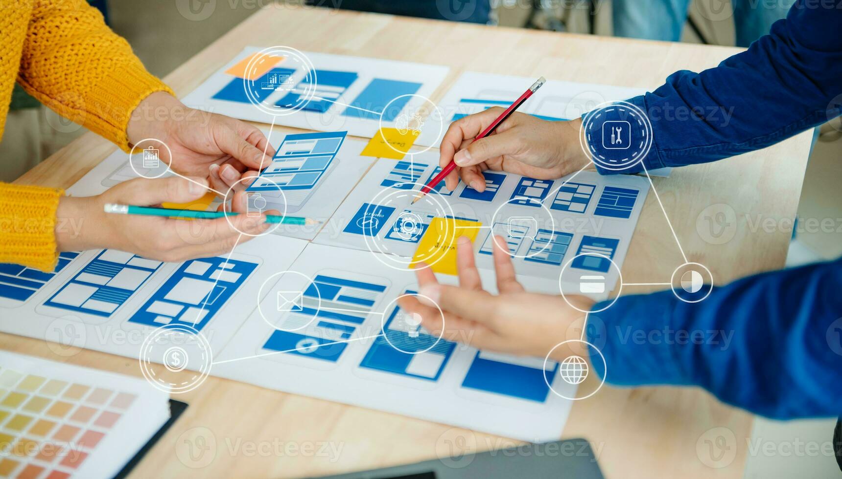 UX graphic designer planning application process development prototype wireframe for web smart phone. Creative digital development agency. photo