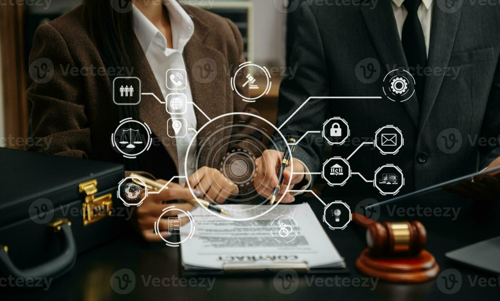 justice and law concept. asian woman lawyer working and judge in a courtroom the gavel, working with tablet and laptop with VR icon photo