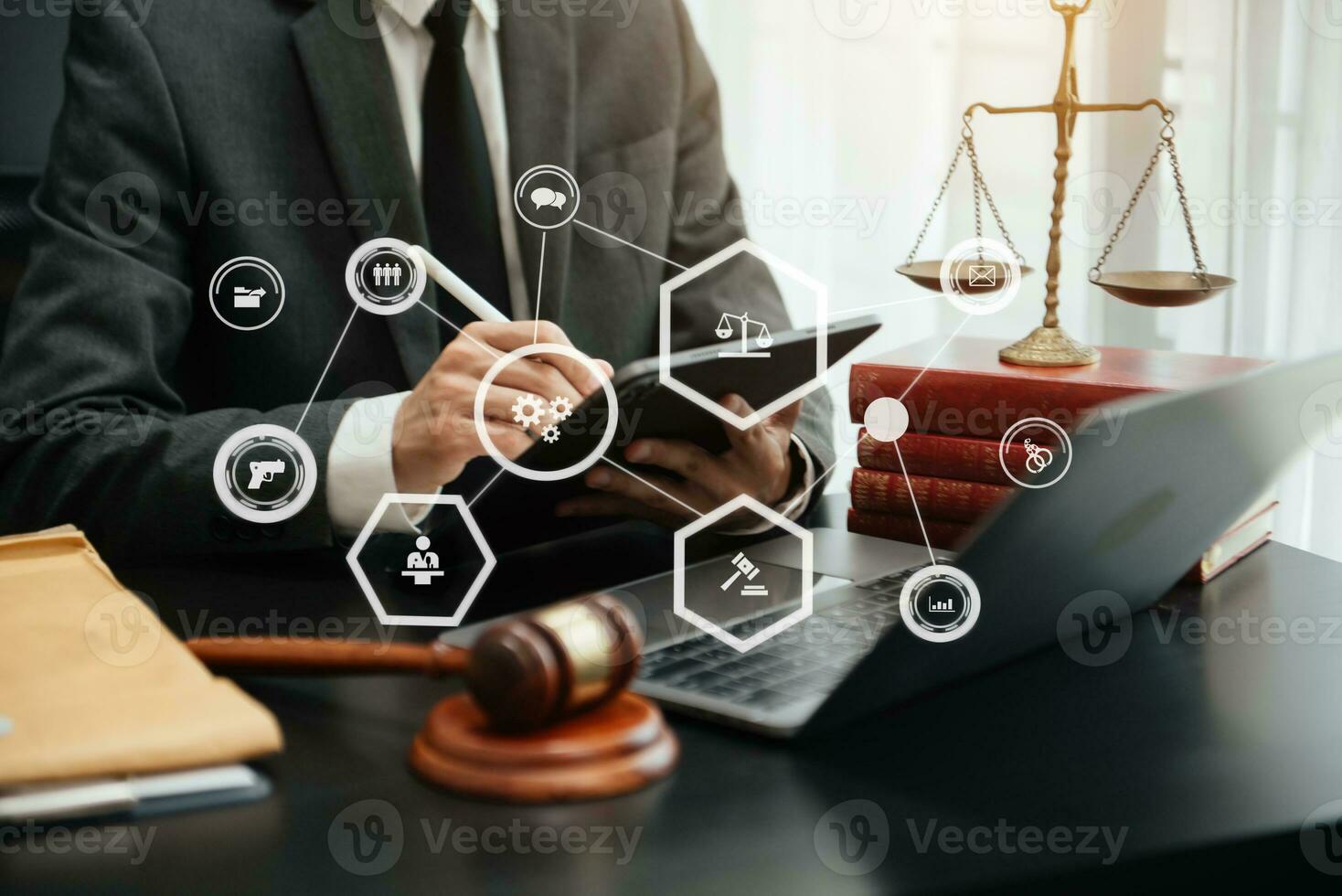 justice and law concept. asian woman lawyer working and judge in a courtroom the gavel, working with tablet and laptop on table photo