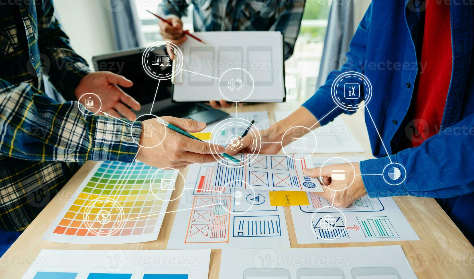UX graphic designer planning application process development prototype wireframe for web smart phone. Creative digital development agency. photo