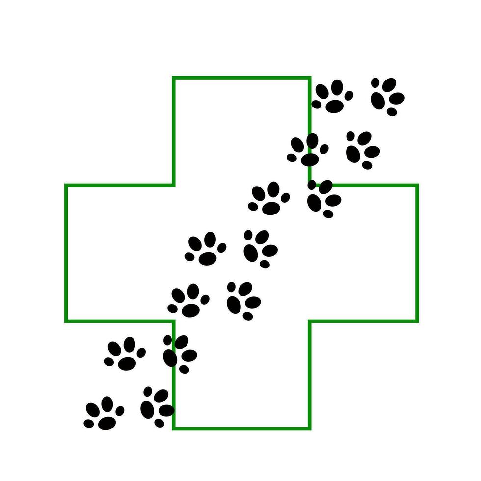 Cat animal paw prints and cross symbol veterinary clinic simple minimalist logo vector illustration, domestic pets health care concept