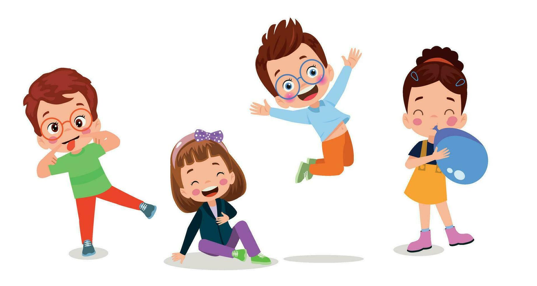 Happy kids cartoon collection. Multicultural children in different positions isolated on white background vector