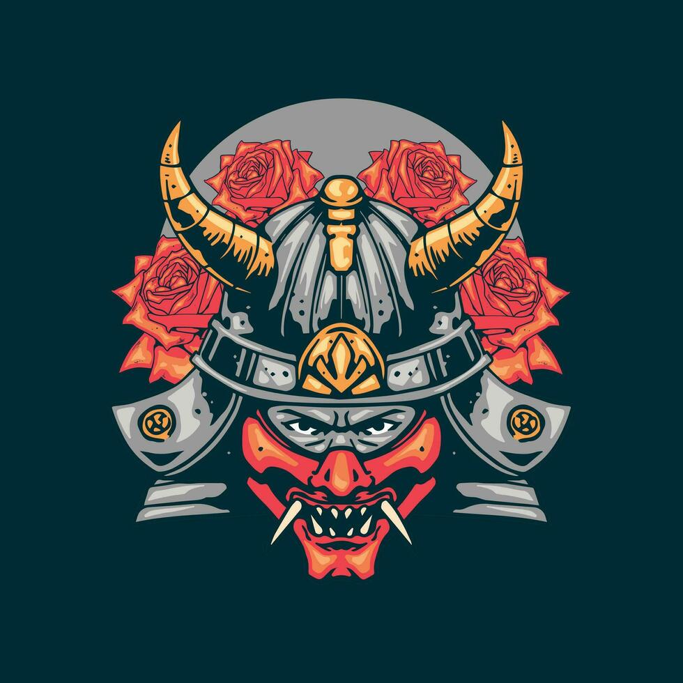 samurai head with rose flower artwork vector