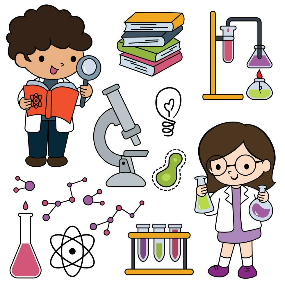 Doodle vector set with colored  scientist and laboratory stuff