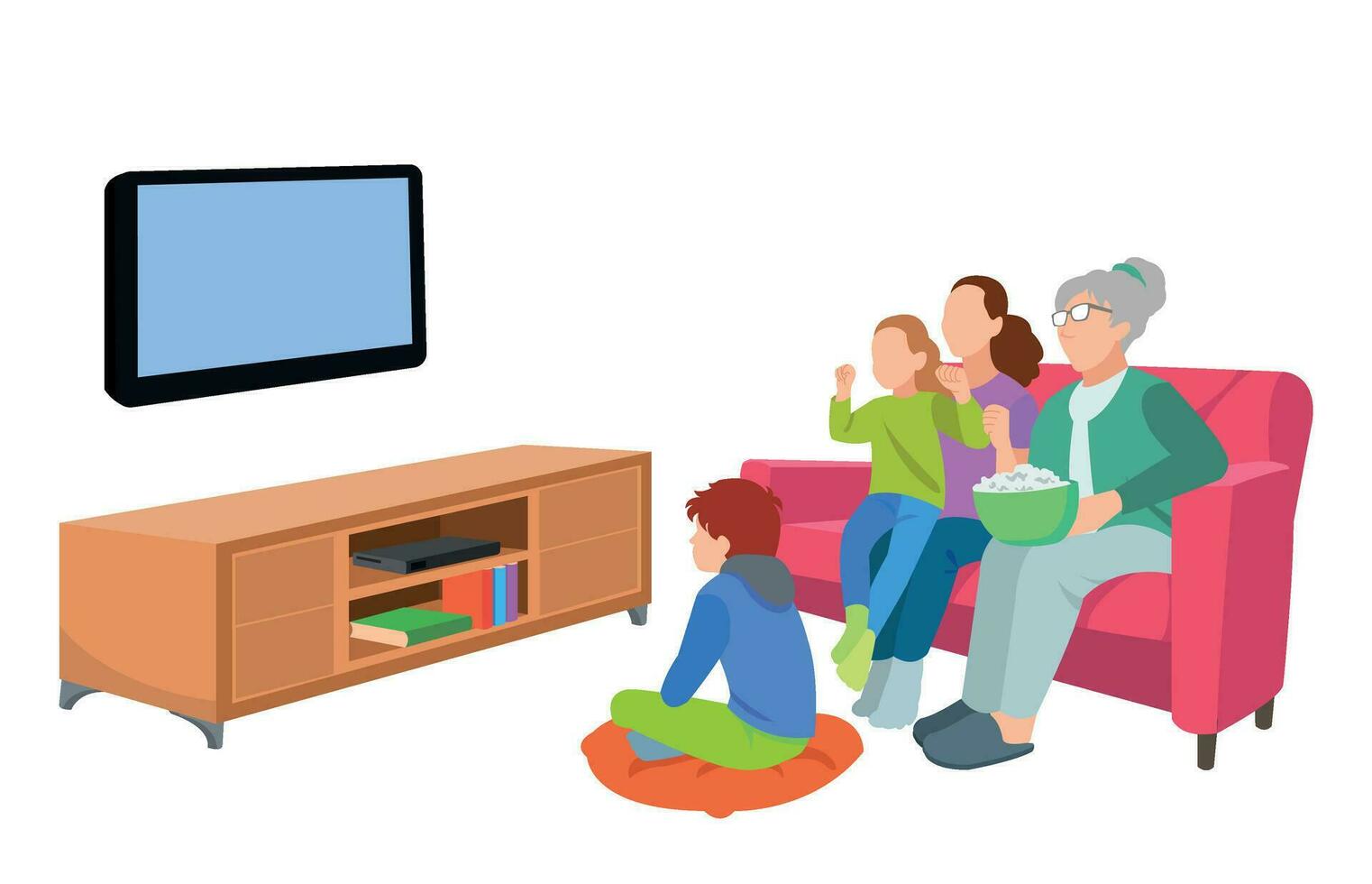 familia feliz viendo la televisión juntos en la sala de estar. ilustración familiar en estilo de dibujos animados vector