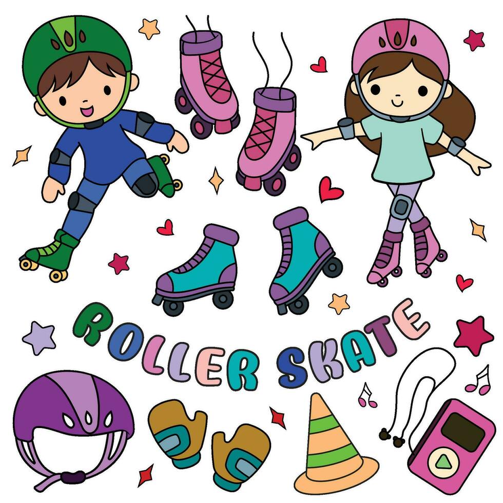 Doodle vector set with colored roller skates