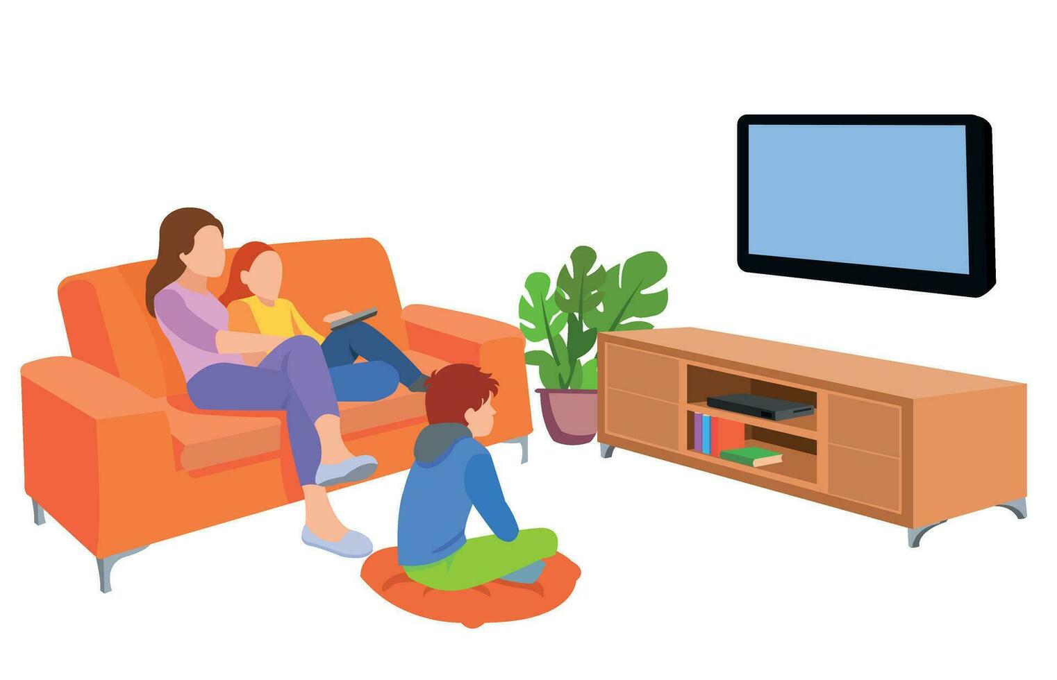 familia feliz viendo la televisión juntos en la sala de estar. ilustración familiar en estilo de dibujos animados vector