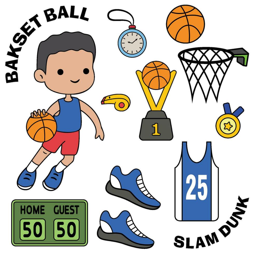 Doodle vector set with colored basket ball player and equipment